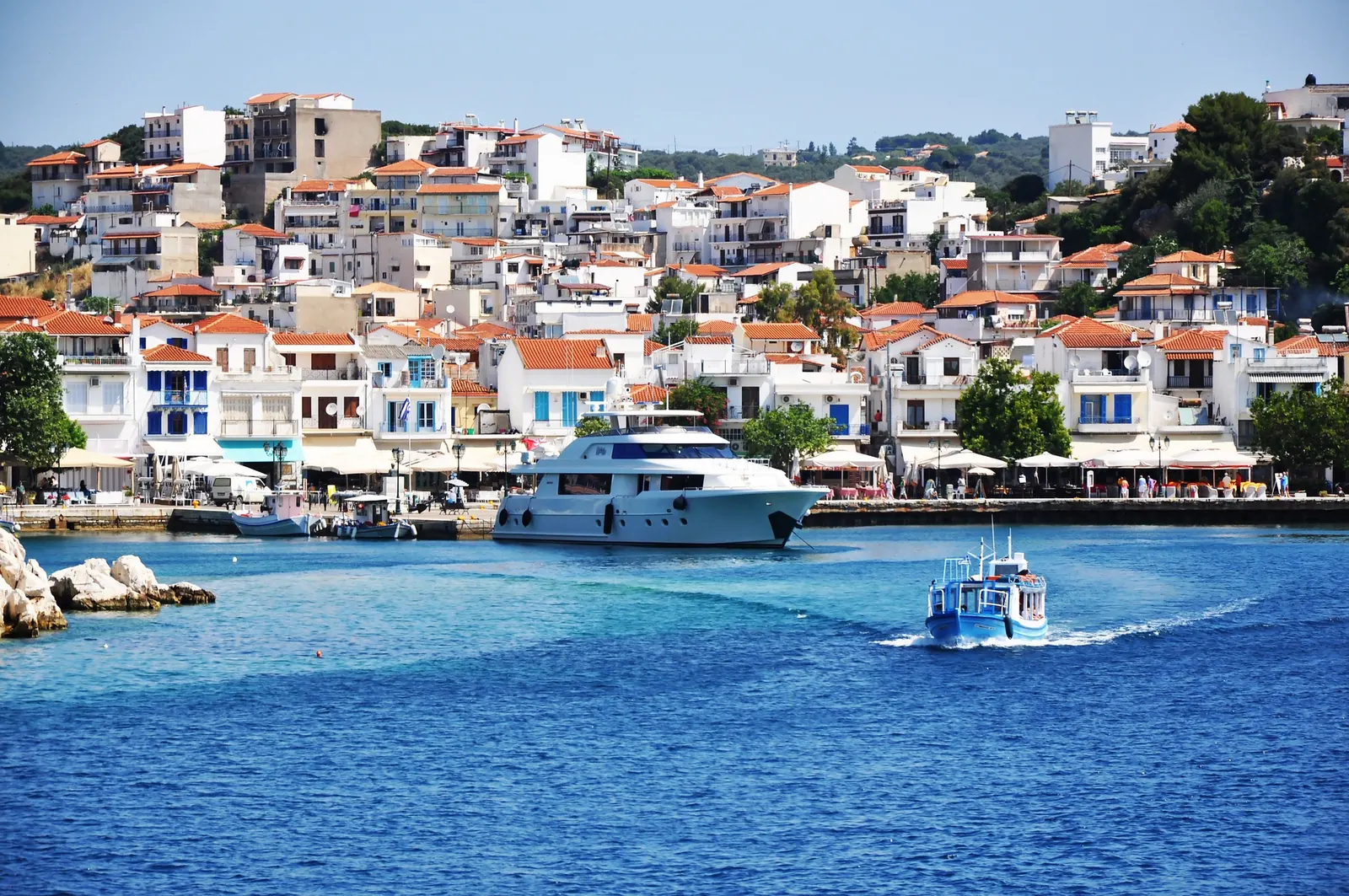 Yachts in the harbour below Skiathos Town