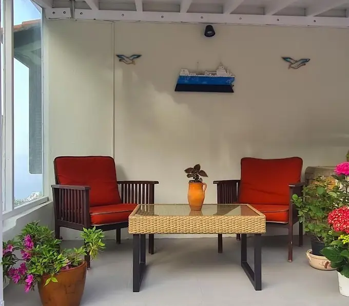 Veranda seating with red armchairs and potted flowers