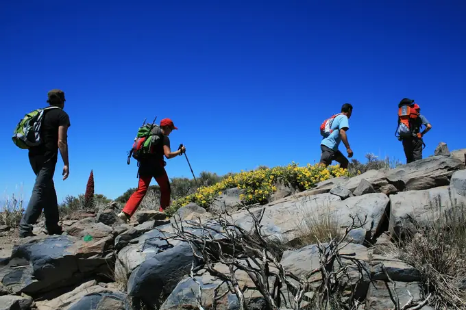 Hikers crossing a rocky trail