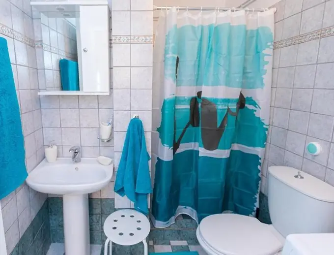 Bathroom with a teal-and-white shower curtain