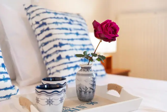 A rose on a breakfast tray on the bed