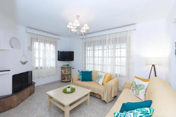 Bright living room with sofas and a fireplace